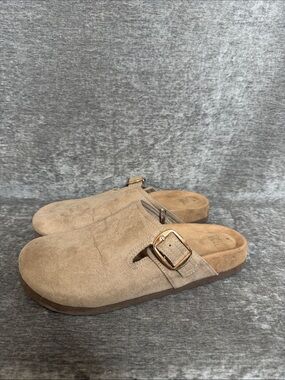 Time and Tru Taupe Suede Slide Clogs with Gold Buckle